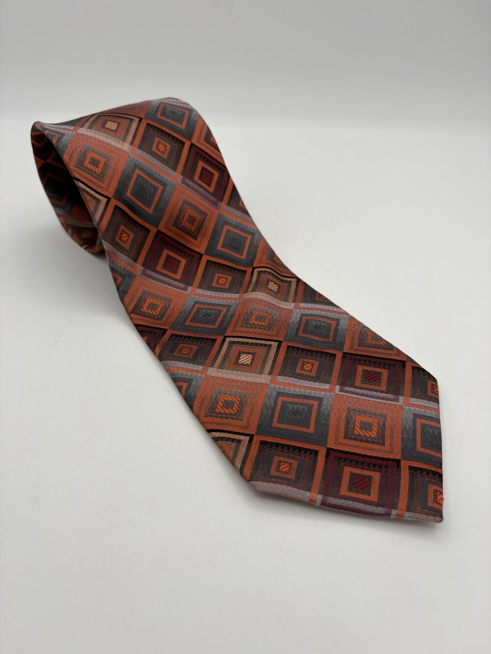 Orange & Gray Diamond Print Silk Neck Tie